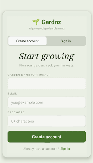 Gardnz app account creation screen